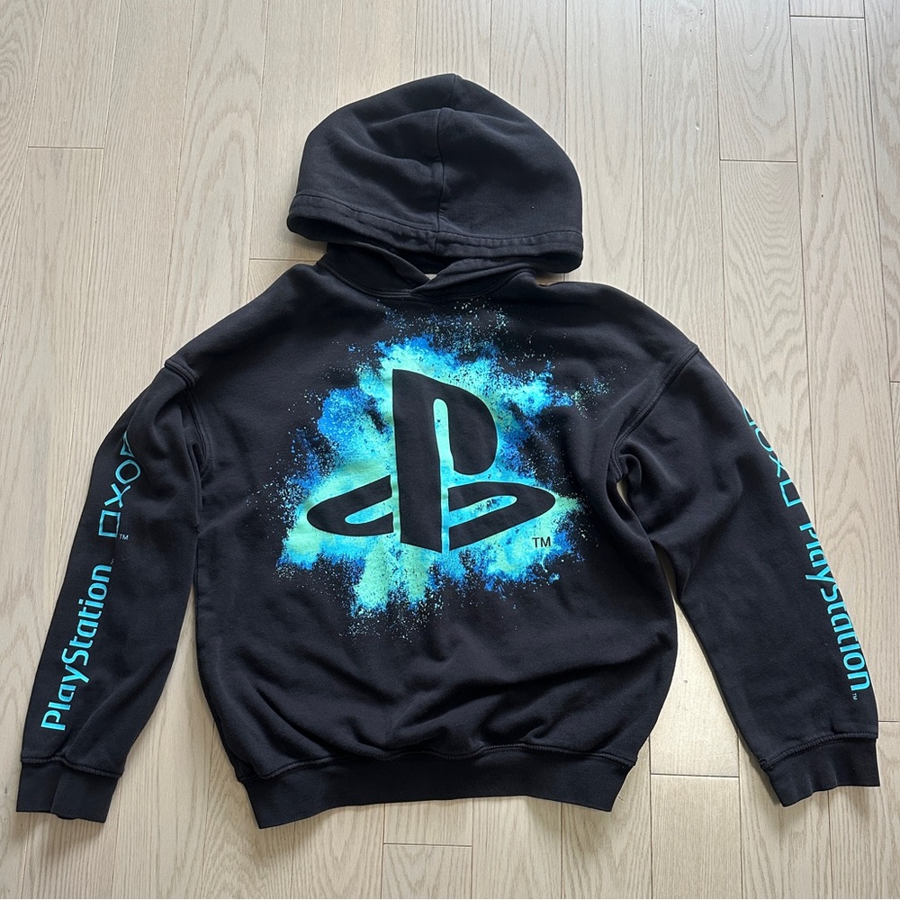 H&M size US12-14 Sony PlayStation Black Hoodie with Blue Logo *two little holes*